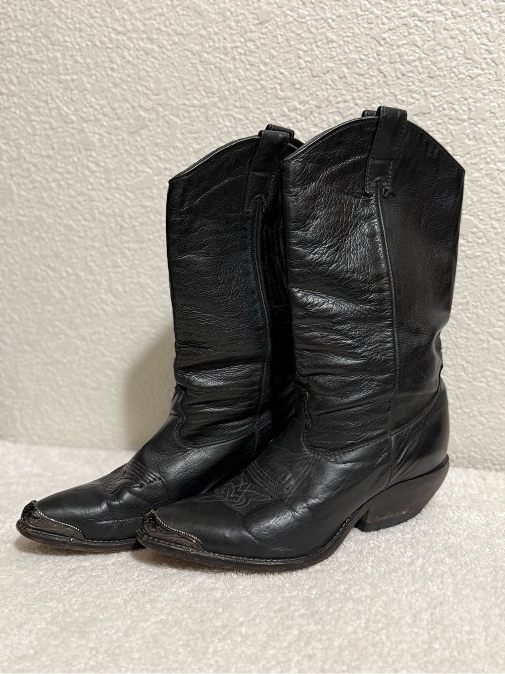 Vintage Zodiac USA Black Genuine Leather Western Cowboy Boots 7.5 M Metal Toe